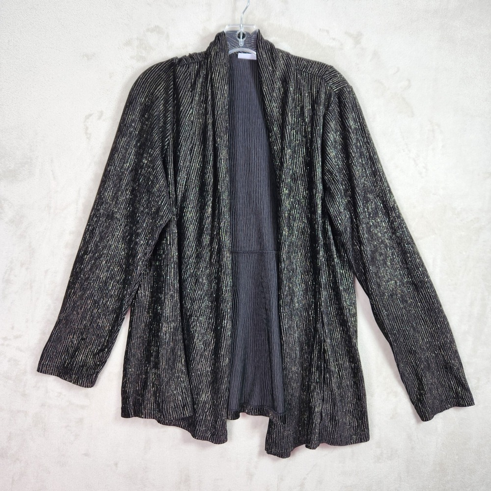 Susan Graver Cardigan Women Medium Black Foiled Textured Knit Open Front A706723